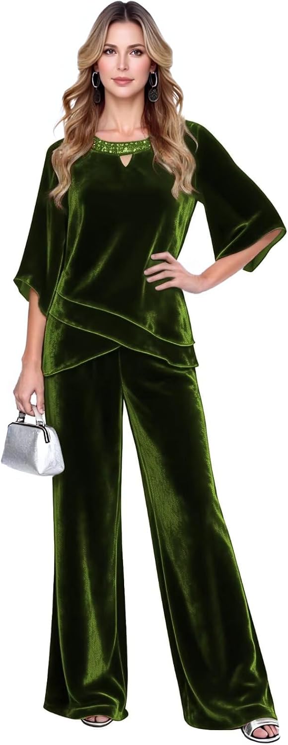 2 Piece Velvet Mother of The Bride Pant Suits for Women Half Sleeve Formal Wedding Set HX021