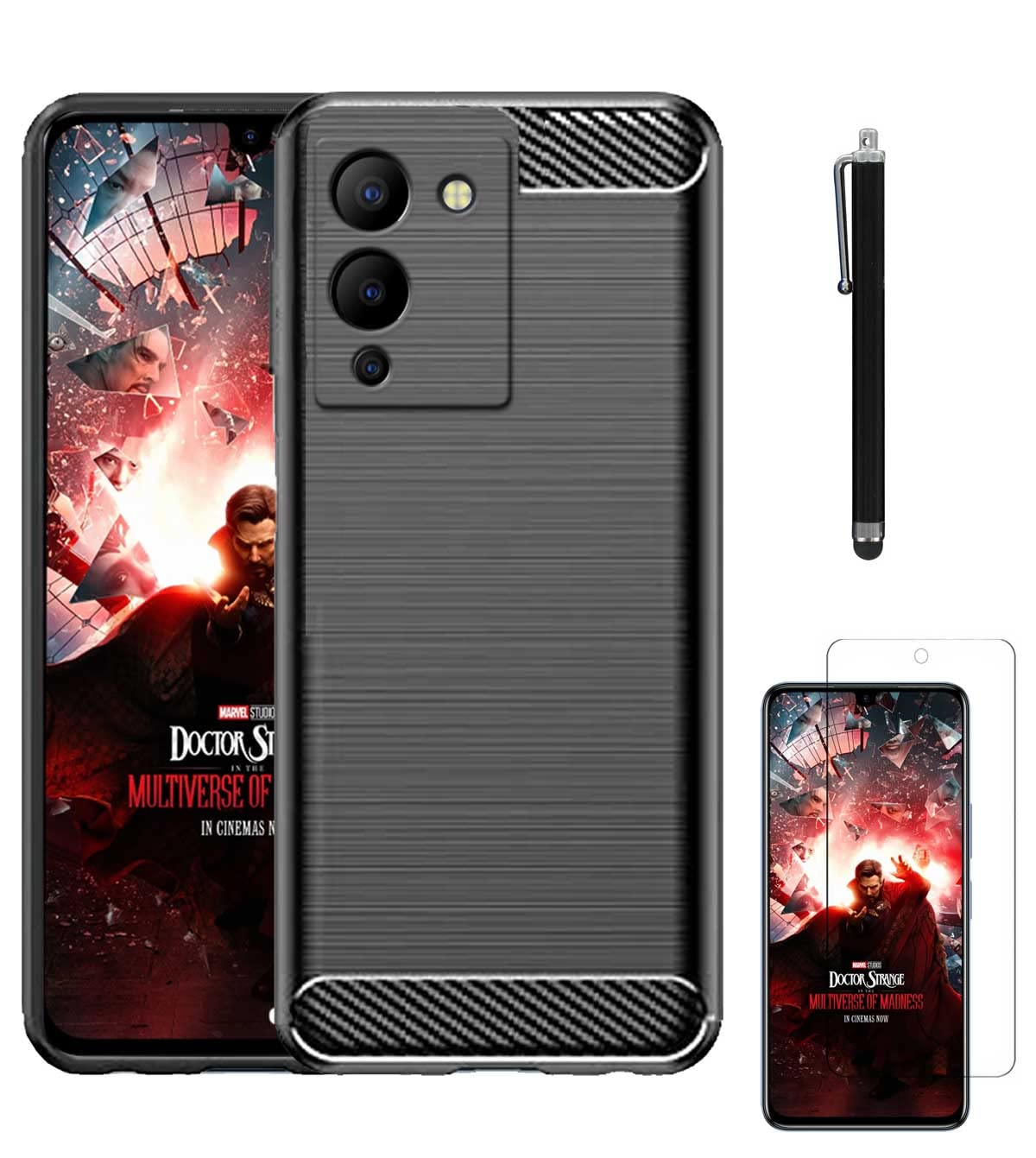 Carbon Fiber Hybrid Armor Shock Proof TPU Back Case Cover Compatible with Infinix Note 12 Turbo with Stylus Pen and Screen Guard -Black
