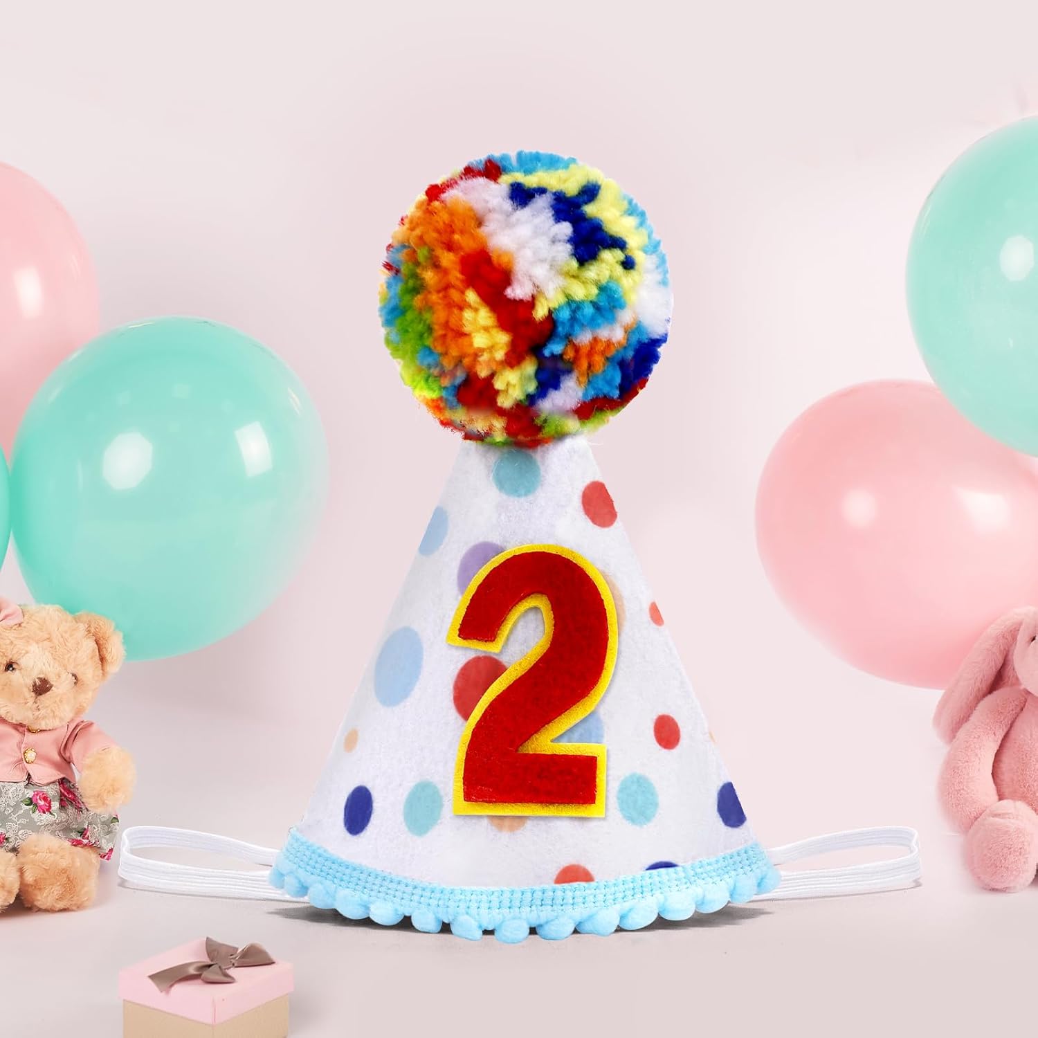 Chanaco 2nd Birthday Hat, Second Birthday Decoration, Birthday Hat with Colored Fur Balls Topper, Two Year Old Birthday Conical Cap for Party Favors - Image 5