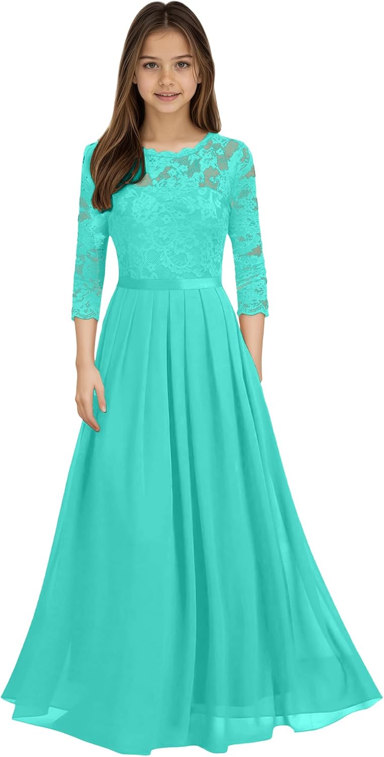 Rjin Round Neck Junior Bridesmaid Dresses Chiffon Flower Girl Dresses for Wedding Party Gown A-line Girl Pageant Formal Dress