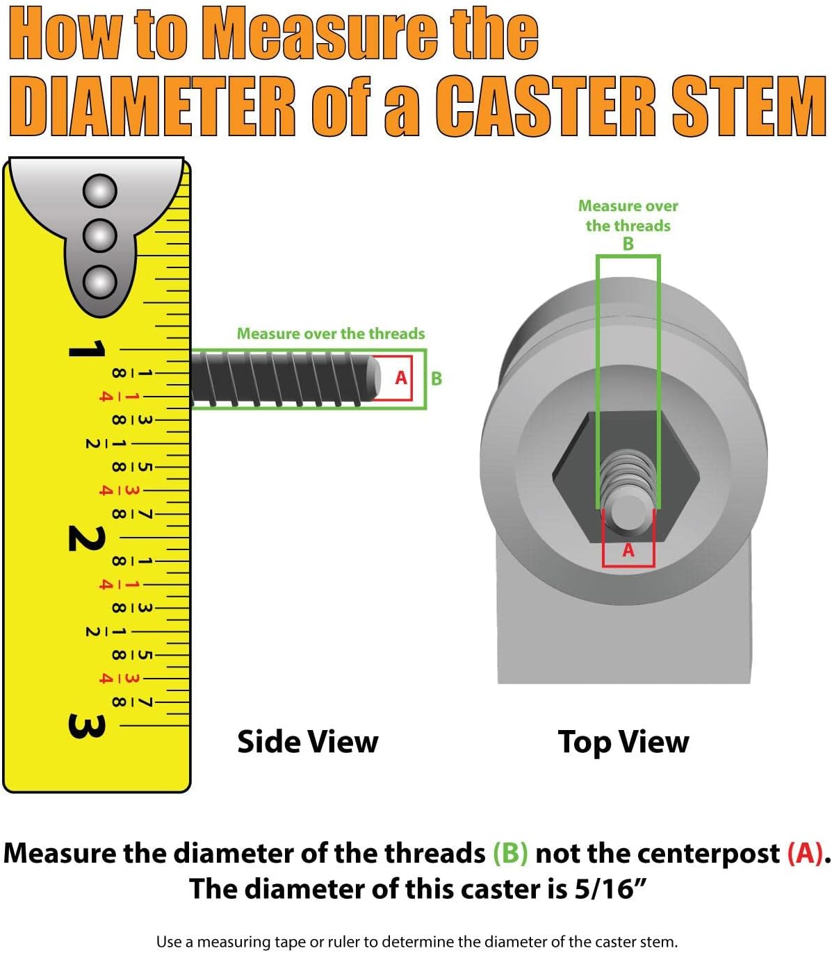 Diagram illustrating how to measure the diameter of a caster stem using a measuring tape, showing side and top views. The diameter is measured over the threads (B), not the center post (A).