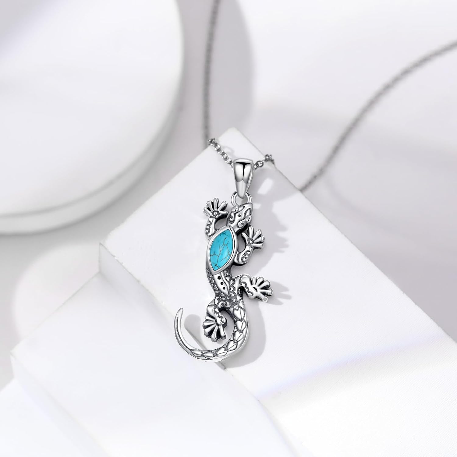 Gecko Necklace 925 Sterling Silver Real Turquoise Gemstone Lizard Pendant Animal Vintage Jewelry for Women - Image 2