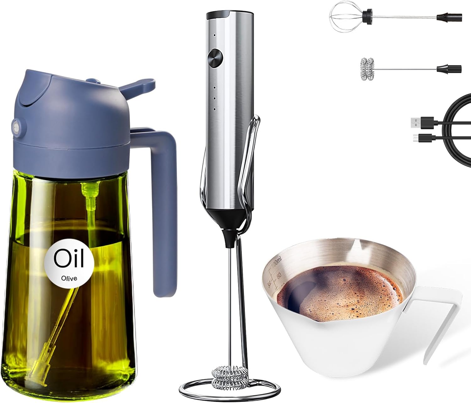 YARRAMATE 16oz/470ml Glass Olive Oil Sprayer (Navy), Espresso Cup and Rechargeable Milk Frother
