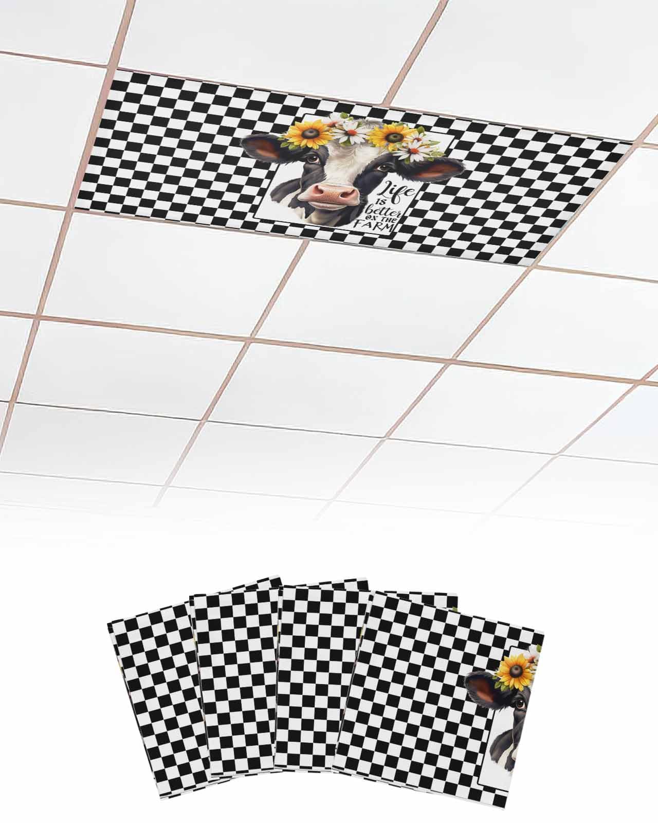 Wowouhiya 4 Pack Fluorescent Light Cover for Ceiling Lights, Farm Cow Magnetic Classroom Light Filters 4x2 Feet, Black and White Plaid Sunflowers