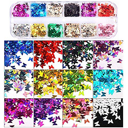 12 Colors Butterfly Glitter Nail Sequins - 3D Nail Art Flakes Colorful Confetti Glitter Sticker Decals Manicure Nail Art Design Makeup Diy Decoration #TOP4