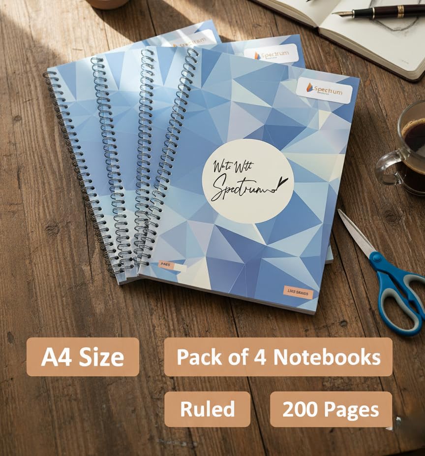 Image of Spectrum Spiral Notebooks, A4 Size, Ruled, 200 Pages, Blue Geometric Design, Pack of 4