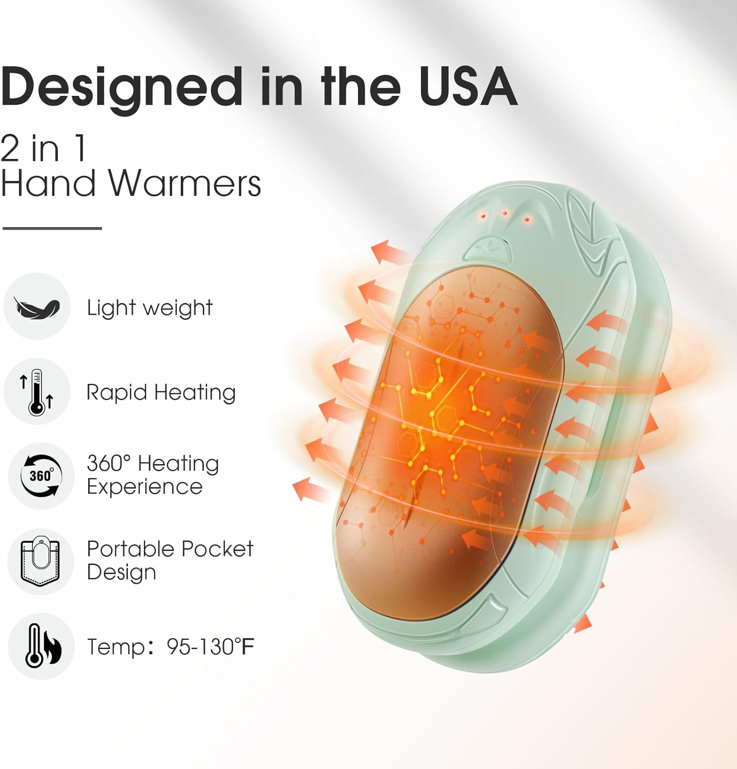 ai hand warmers rechargeable 2 pack, ai smart chips electric hand warmers, 20hrs long safe heat, portable pocket heater, gifts for christmas, outdoor, hunting, golf, camping accessories green