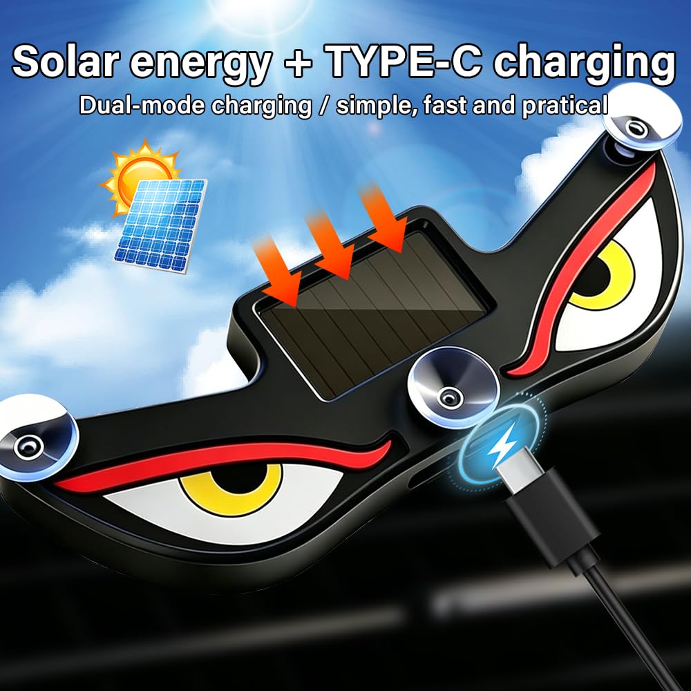 Solar Demon Eye LED Car Window Light, 2 Stück Dynamisches Dämon Augen LED Licht, Led Augen, USB-C Aufladbar Augenlicht für Windschutzscheibe mit 5 Beleuchtungsmodi, Blink und Atemmodus