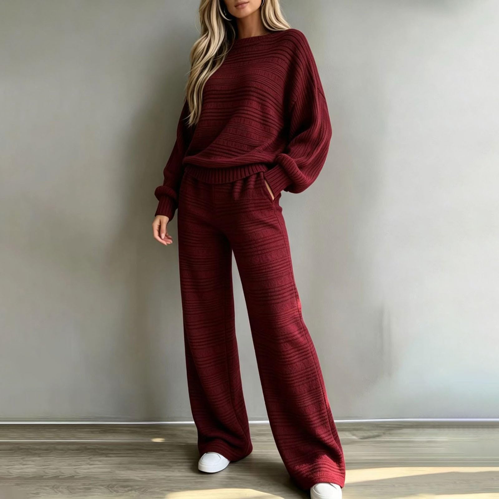 Set da donna in due pezzi, taglia grande, elegante | Maglia girocollo a gamba larga, pantaloni palazzo a costine, abbigliamento per il tempo libero, 2 pezzi