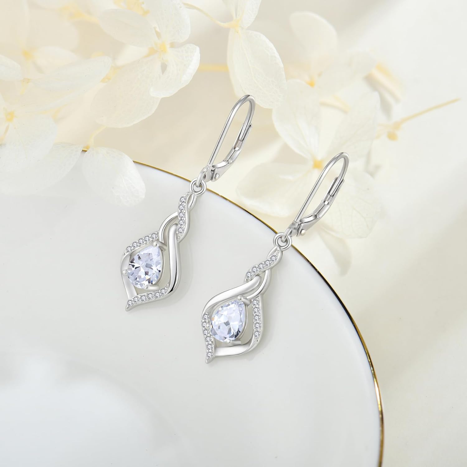 Infinity Leverback Earrings 925 Sterling Silver Teardrop Cubic Zirconia Dangle Drop Earrings Birthday Christmas Anniversary Jewelry Gift for Women
