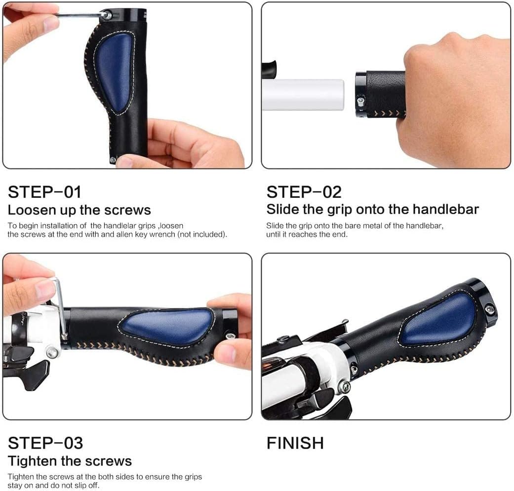 Bicycle Handlebar Grips High Grade Leather Bike Grips, Ergonomic Mountain Road Bike Handlebar Grips (Black+Blue)