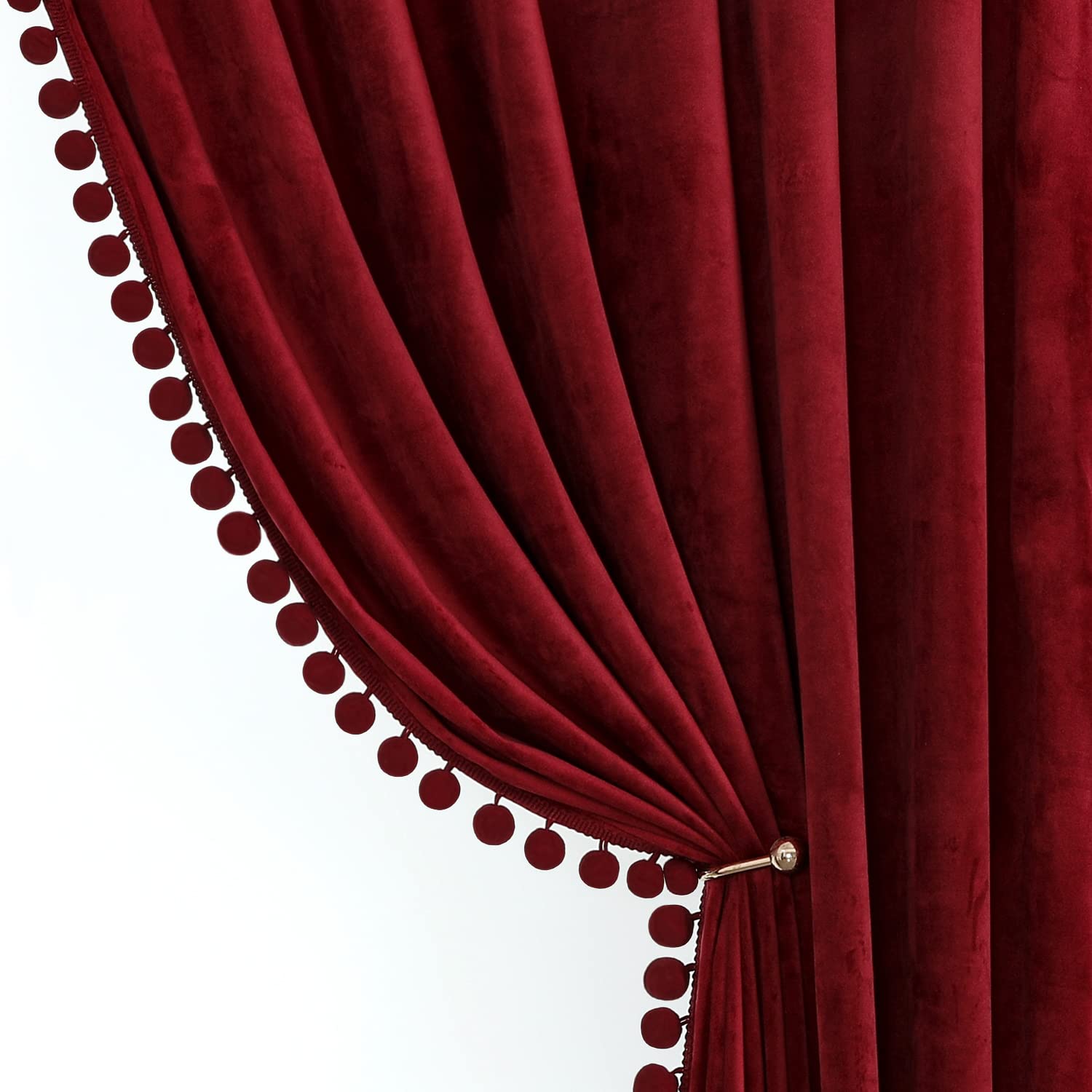 Benedeco Burgundy Velvet Curtains for Bedroom Window with Pom Pom, Super Soft Luxury Drapes, Room Darkening Thermal Insulated Rod Pocket Curtain for Living Room, W52 by L84 inches, 2 Panels