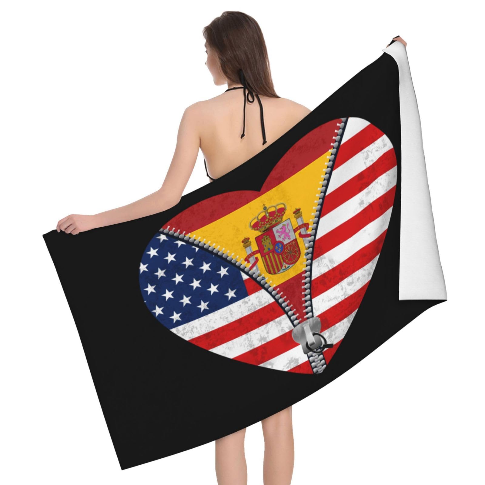 HLBSDM Microfiber Heart America Flag and Spain Flag Beach Towel Quick Dry Soft Sand Free Beach Towels for Pool Swim Beach Lightweight Thin Towels