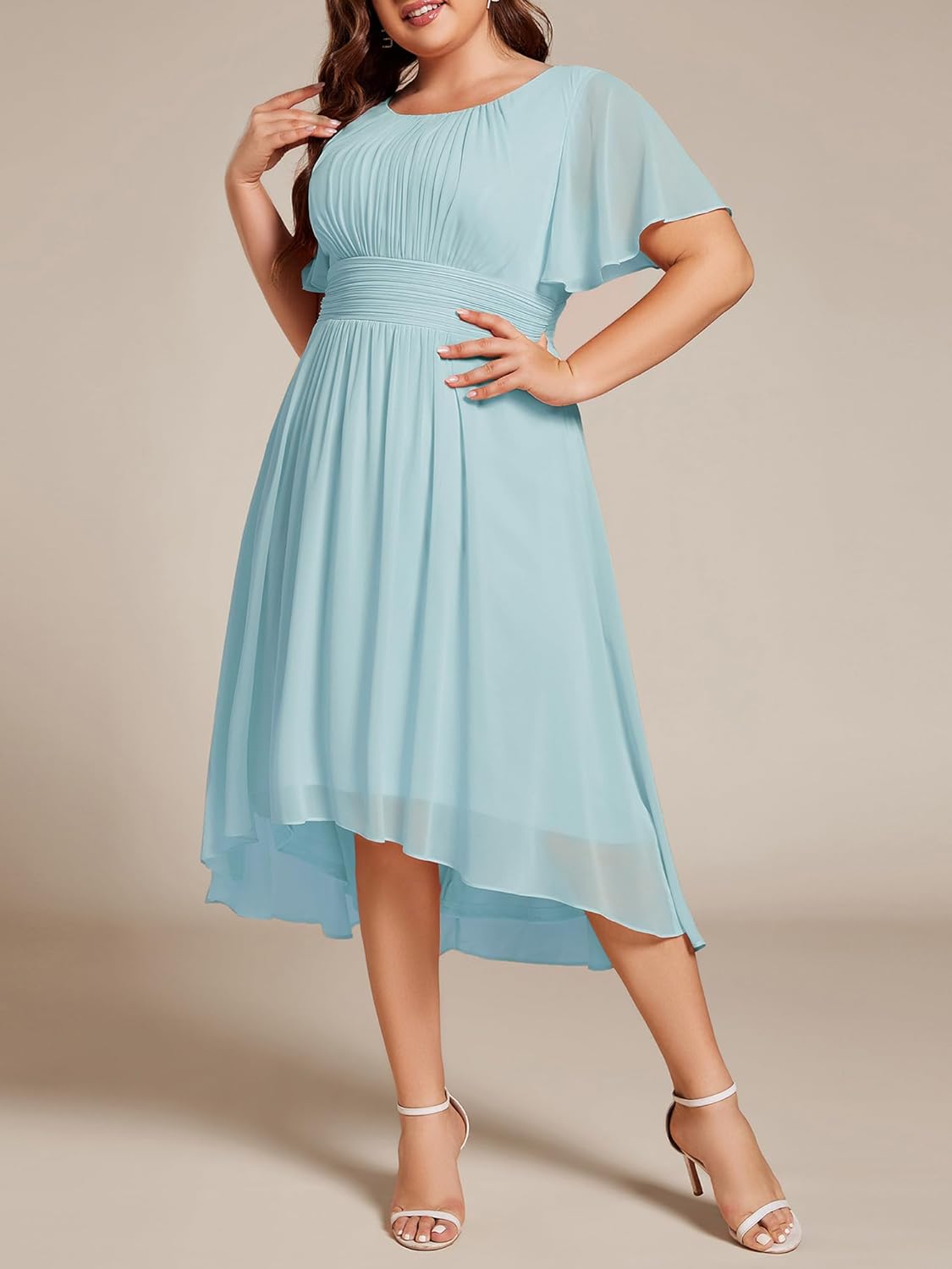 Ever-Pretty Women's Plus Size Formal Wedding Guest Dresses for Curvy Women A Line Chiffon Midi High Low Cocktail Dress - Image 3