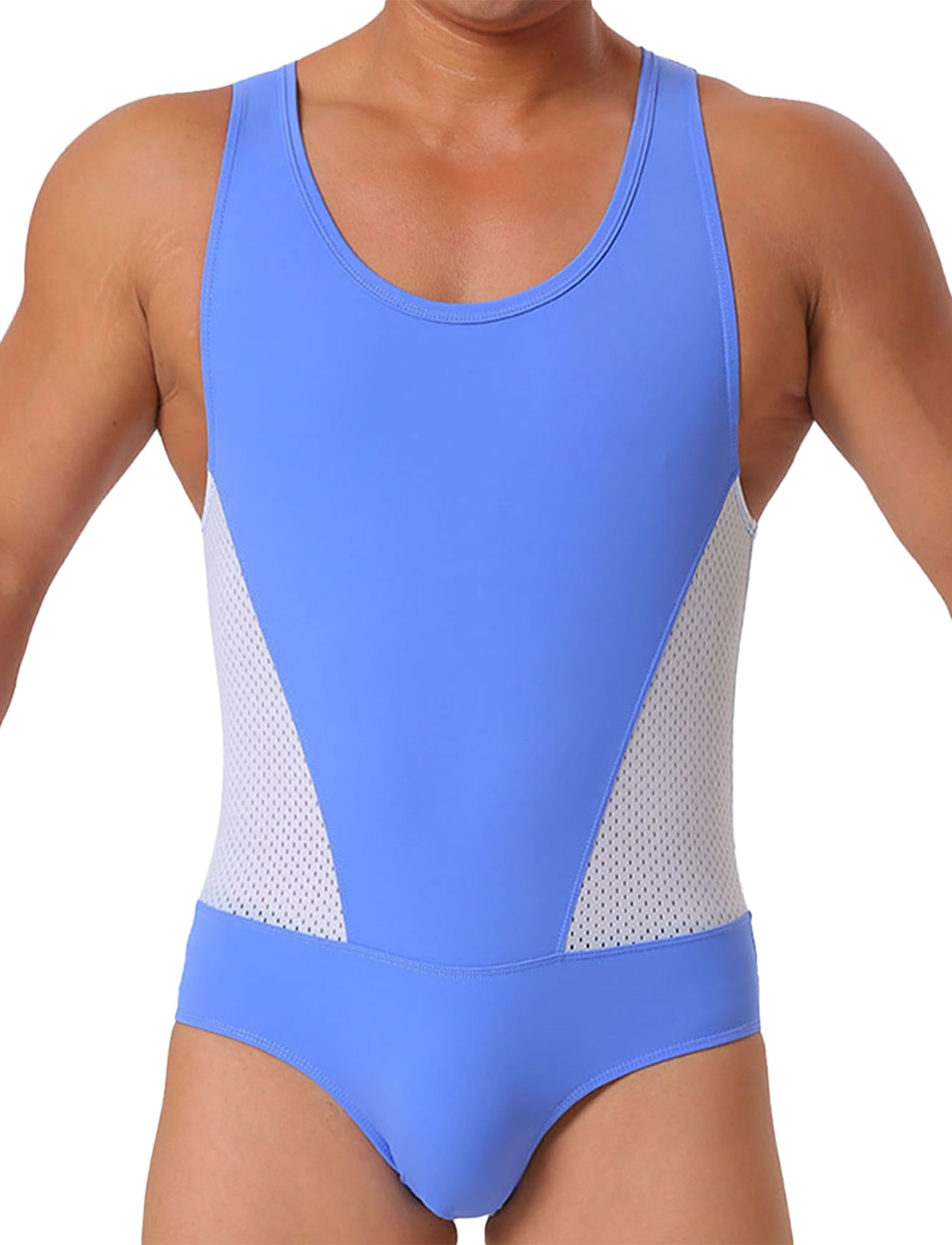 AIEOE Men's Mesh Bodysuit Sleeveless Sports Jumpsuit One-piece Stretchable Undershirts Wrestling Singlet M