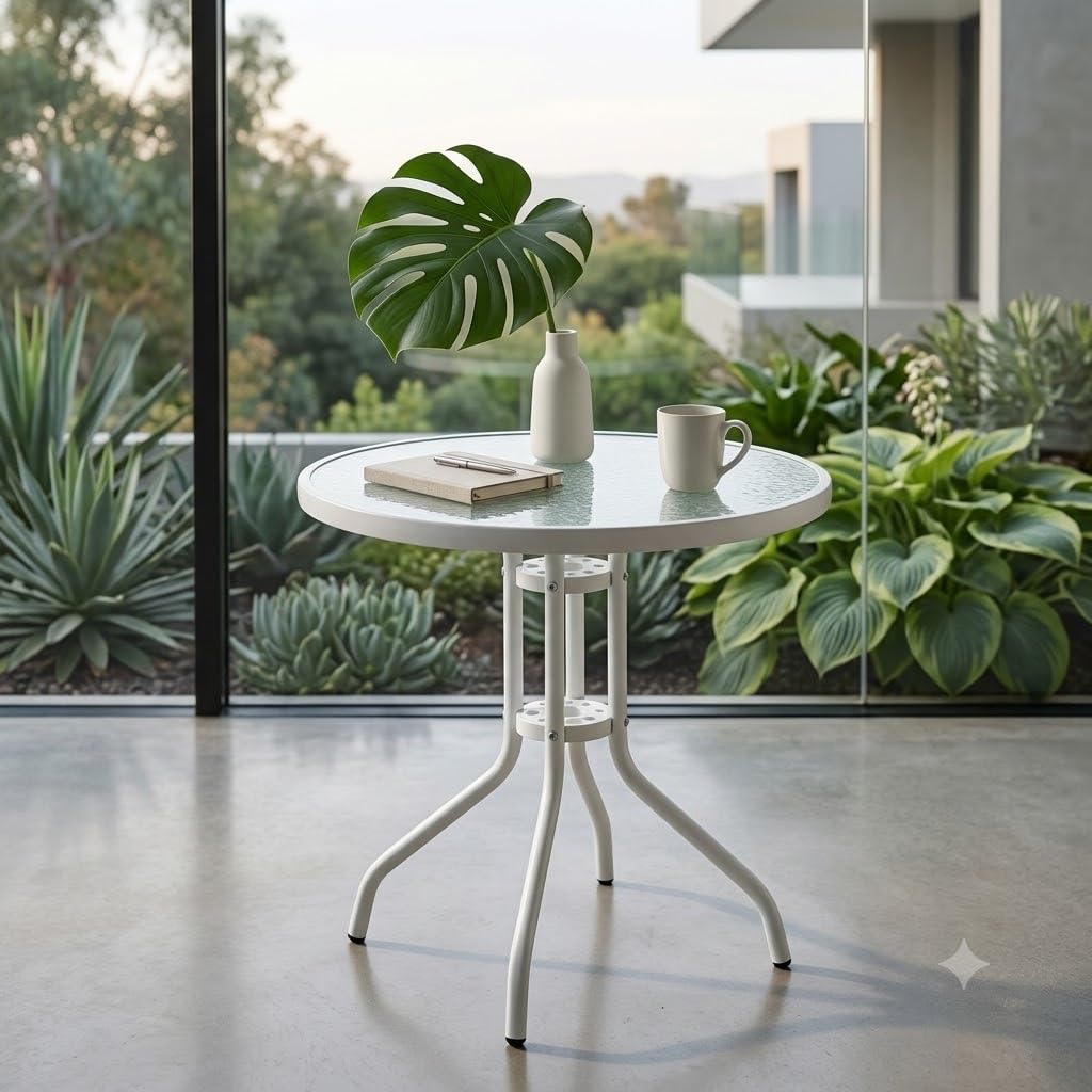 BritHaus 80cm Round Garden Table with Tempered Glass Top, Weather Resistant Steel Frame Patio Table, Outdoor Balcony Bistro Table for Garden,White
