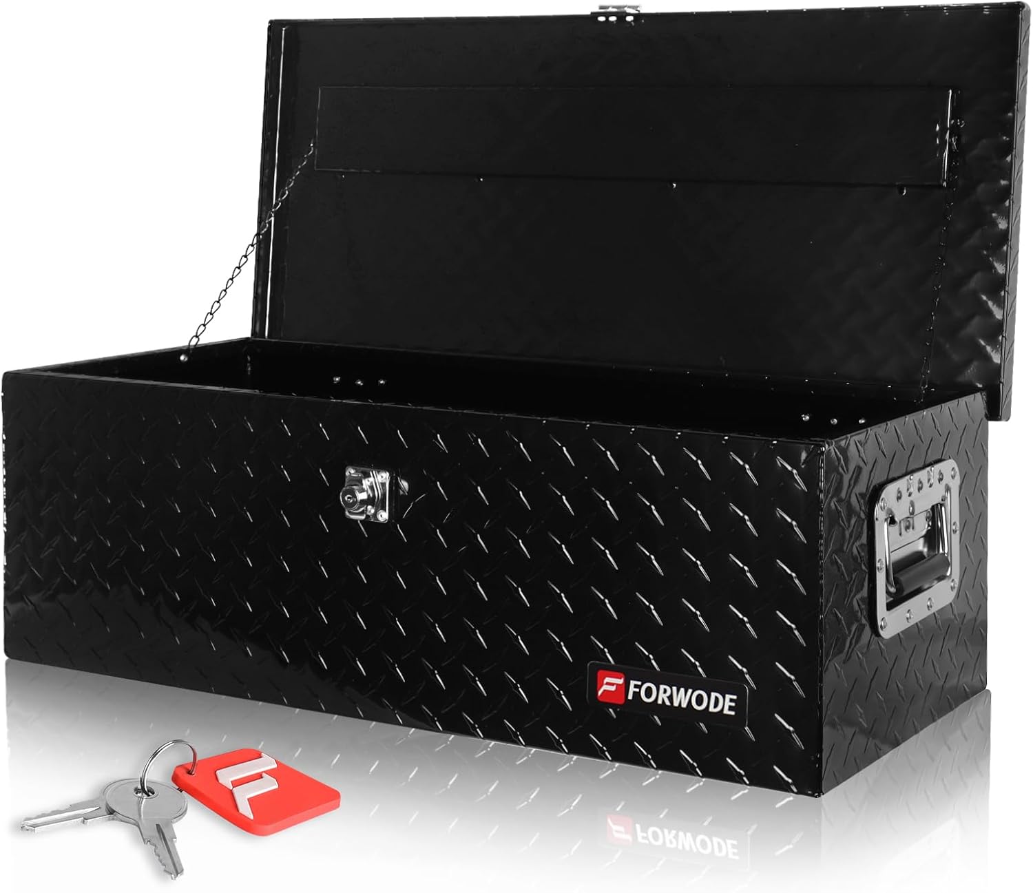 FORWODE 30 Inch Truck Bed Tool Box, Aluminum Heavy Duty Trailer Tool Box for Pickup Truck Bed RV, Toolbox Storage Box with Handle and Lock - Black