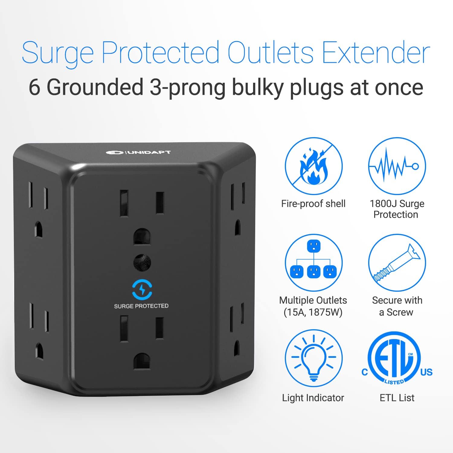 Multi Plug 6 Outlet Extender, Unidapt Black Surge Protector Wall Splitter, 900J Power Strip 3 Side Wide Spaced Adapter Multiple Charger Expander, Mountable Wall Tap for Office Home Travel ETL Listed
