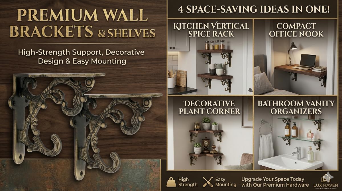 Metal Handcrafted Shelf Bracket for Floating Shelves L Angle Decorative L Shaped Corner Brace Joint Heavy Duty Wall Mounted Shelf Supporter Corner Brace Holder (Pack of 2, Brass Antique) — Amazon image 3