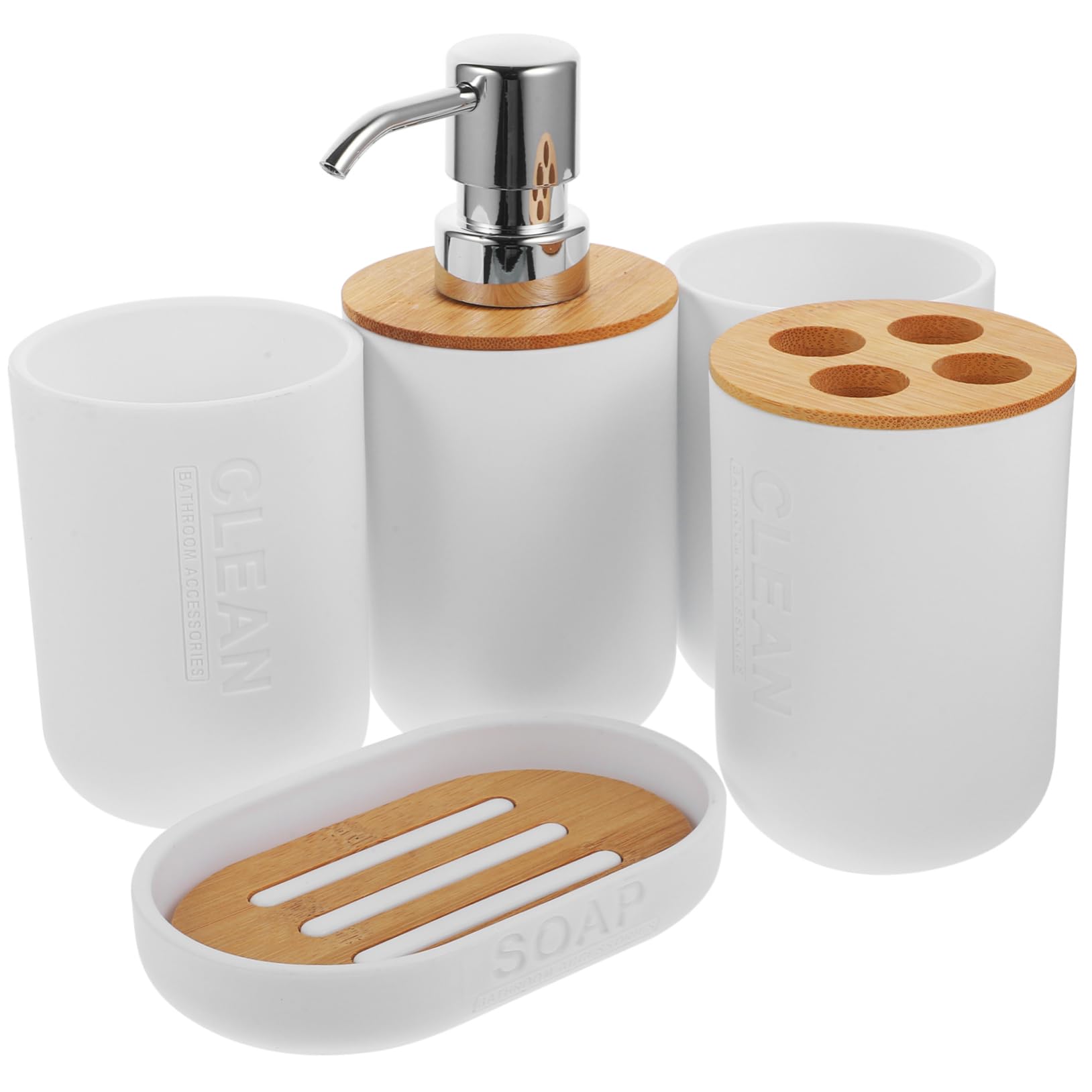 ARTSEWPLY Accesorios de Baño Blanco Dispensador de Jabón con Bomba Soporte para Cepillos Vaso para Enjuague y Jabonera Set Compacto para Encimeras Diseño Elegante y Duradero
