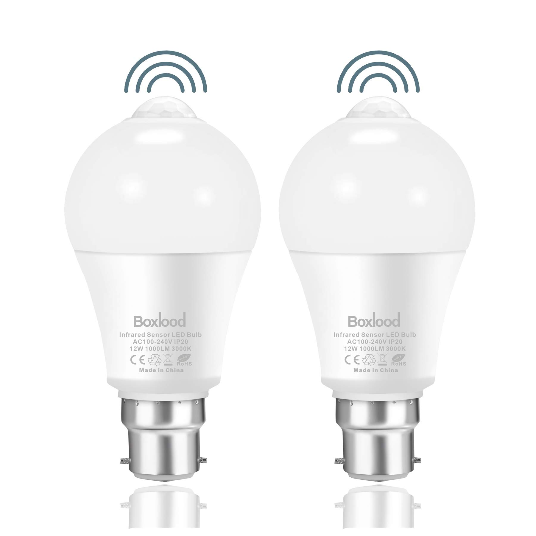 Boxlood PIR Motion Sensor Light Bulb, B22 Bayonet, 100W Equivalent, 3000K Warm White, Security Lighting for Front Door, Hallway, Basement(2 Pack)