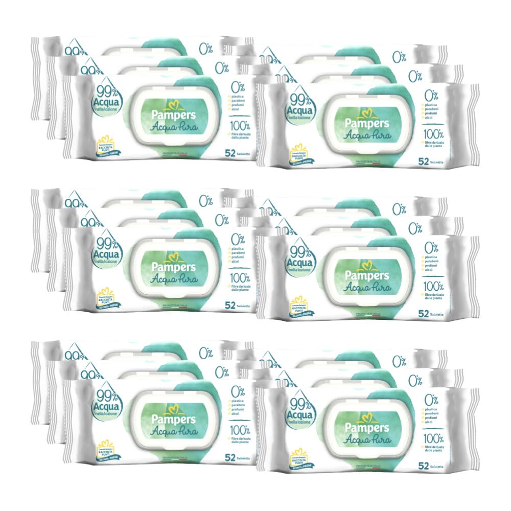 Pampers Acqua Pura Salviette neonato, 624 unità (12 confezioni) - 99% Acqua, 100% Cotone, 0% plastica, alcol e parabeni - Salviettine ideali pelli delicate, umidificate senza profumi aggiunti