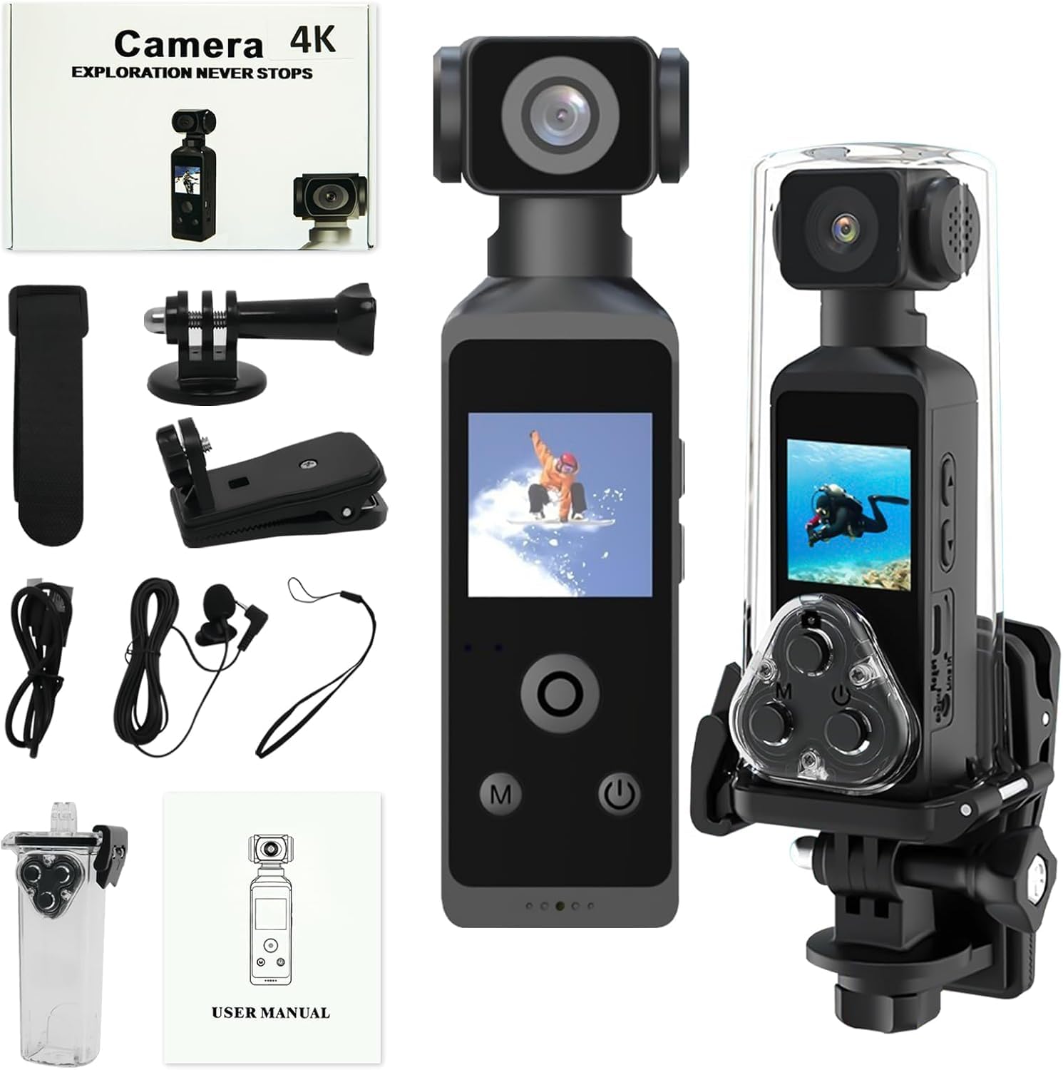 DIVINE Pocket 2 - Handheld 4K Action Camera with 1.3" CMOS Sensor, SD Card Slot, Waterproof Case, Motorcycle Mount (DDC-79)
