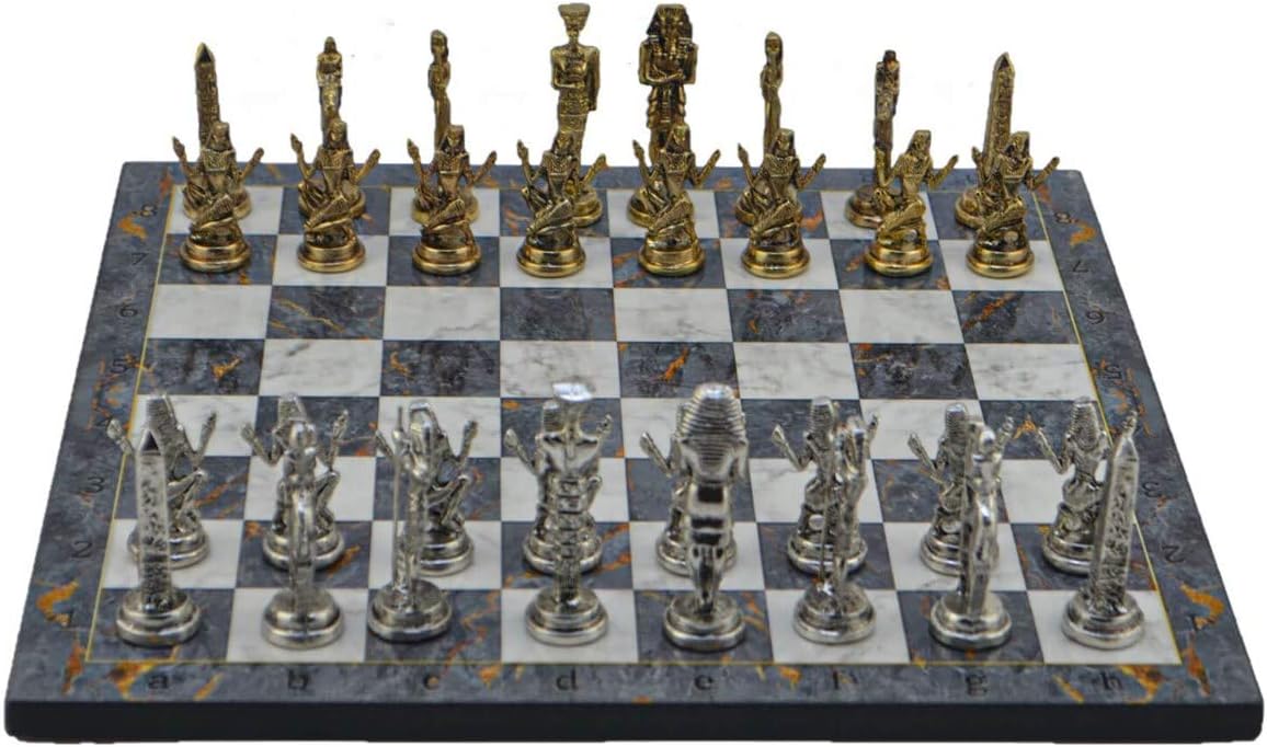 Metal Chess Set for Adults Ancient Egypt Pharaoh Figures,Handmade Pieces and Different Design Patterned Wooden Chess Board King 3.4 inc (Gray Marble)
