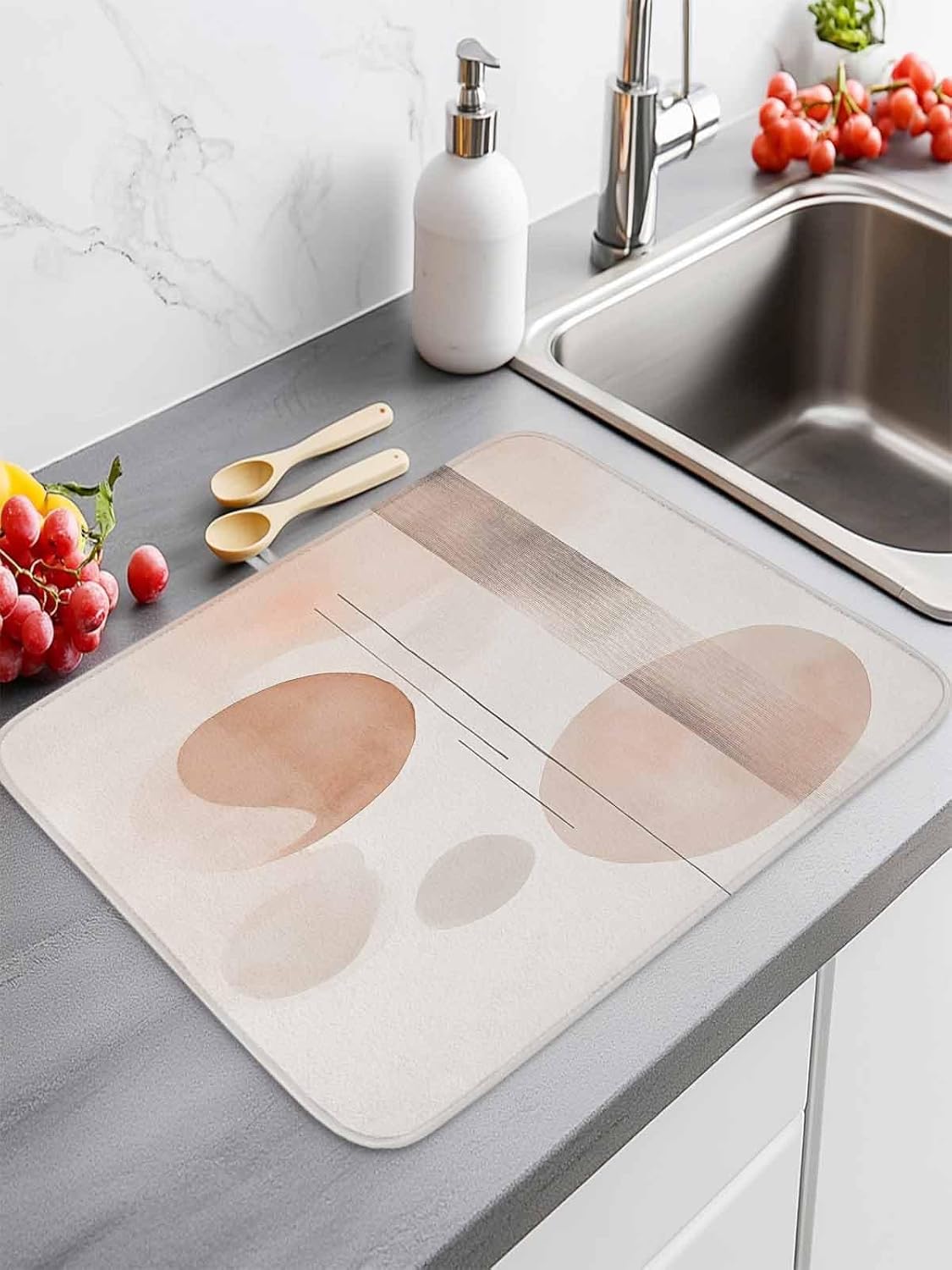 Soft Tones Circular Shapes Drying Mats for Kitchen Counter 2 Pcs, Boho Geometric Accents Microfiber Absorbent Dish Drainer/Rack Mat,Reversible Hangding Quick Drying kitchen Decor,16x18 Washable