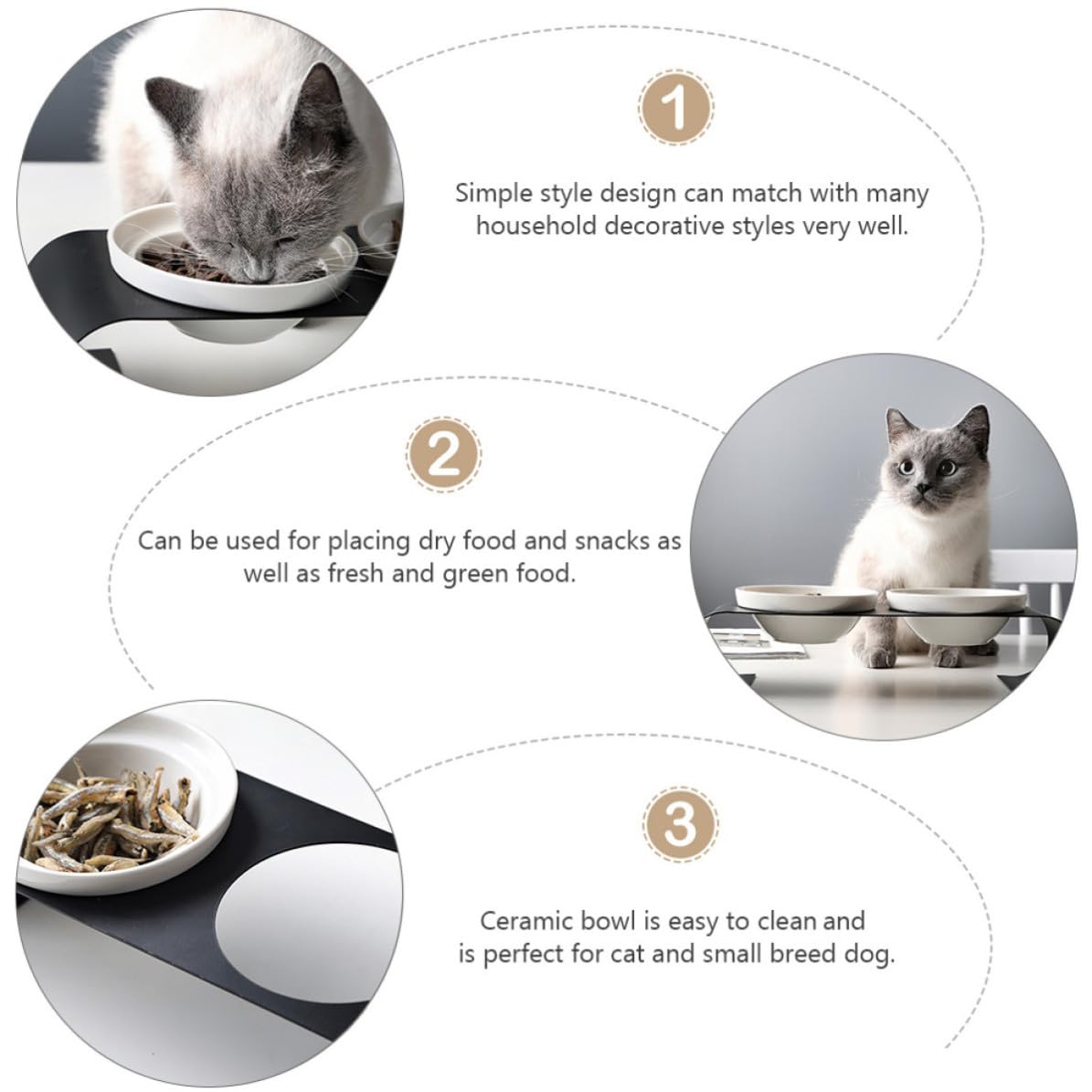 SEWACC Gamelle Surélevé Forgé pour Chat Céramique Support en Fer Robuste, Double Bol Blanc, pour Aliments Secs et Friandises