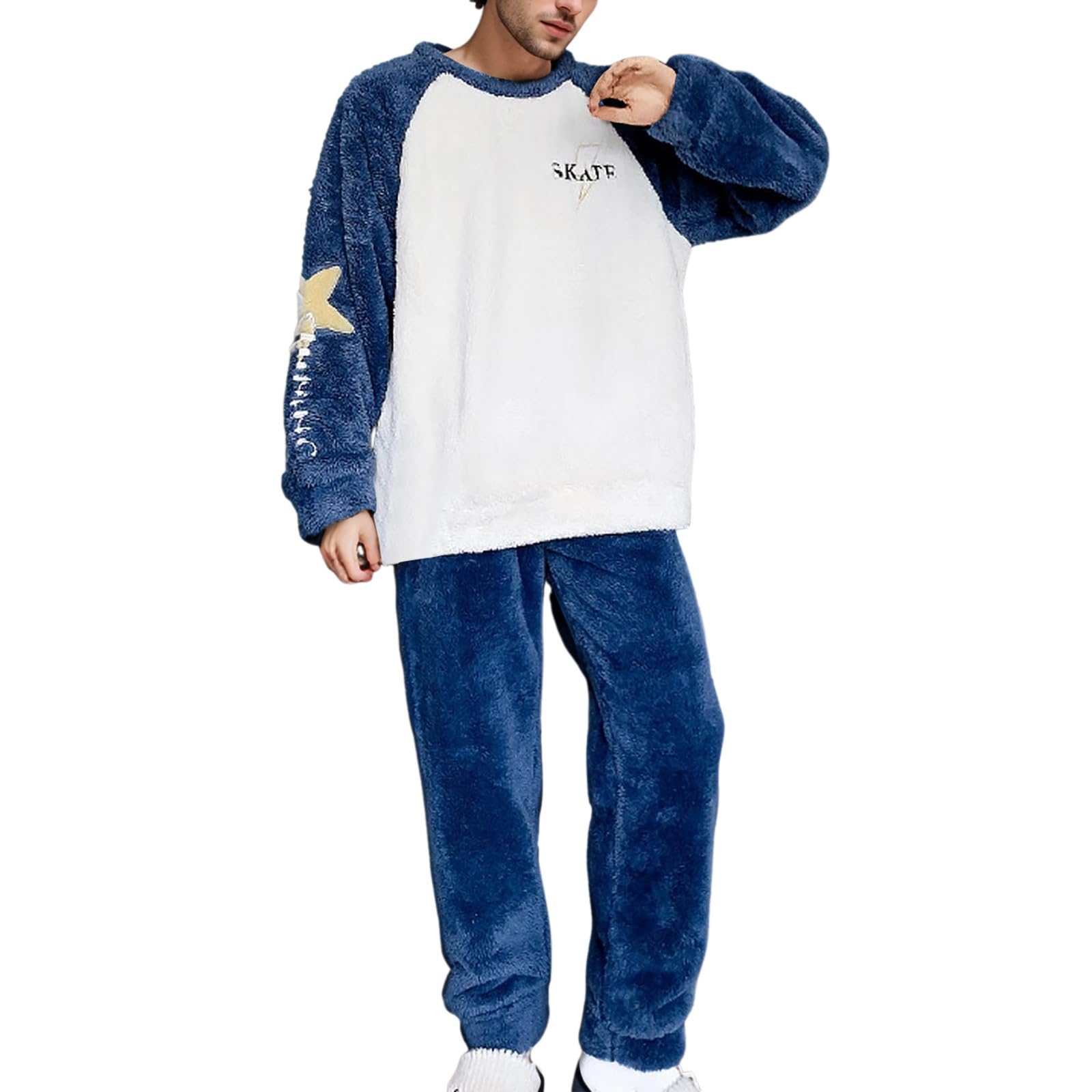 Generisch Pijama de franela para hombre, juego de pijama largo de invierno, conjunto de dos piezas, pijamas de forro polar, ropa de casa cálida, talla grande, camiseta de dormir + pantalones de pijama