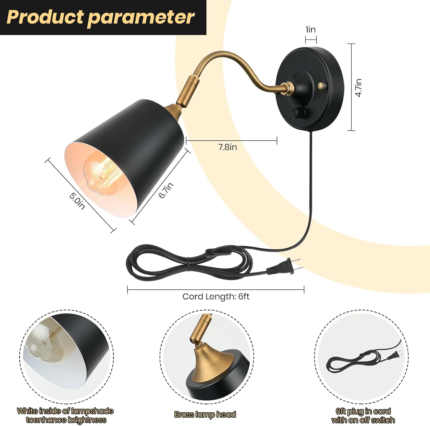 Plug in Wall Sconces, Black Wall Sconce Lighting, Swing Arm Wall Lamp,E26 Base Industrial Wall Light Fixtures with Plug in Cord