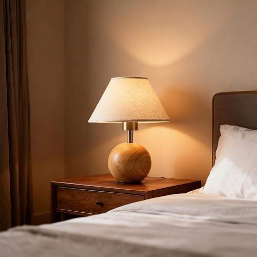 Miniatura 7 de Lámpara de mesa de madera para dormitorio, pantalla de tela de lino, pequeña lámpara de escritorio para sala de estar, lámparas de noche ambientales