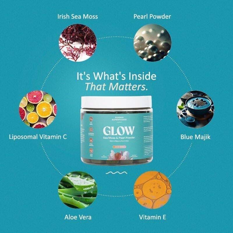Miniatura 2 de Gomitas de brillo de musgo marino Akasha Superfoods, vitaminas para el cabello, la piel y las uñas con musgo marino, polvo de perla, vitamina E,
