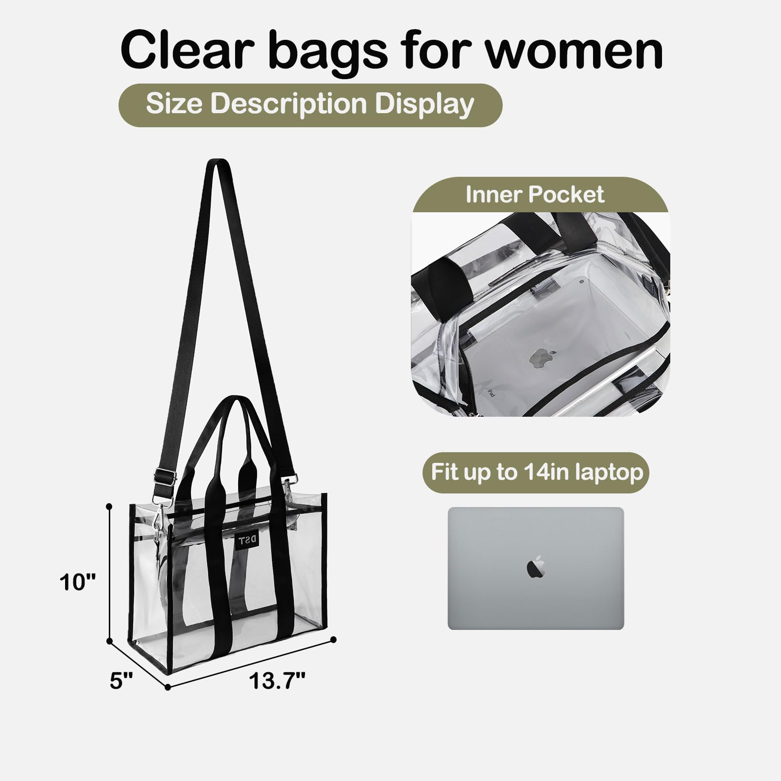 DST Gainbow Clear Tote Bag Stadium Approved, Thick Clear Bag for Women Transparent Crossbody Shoulder Bag for Sports Events, Concert, Beach, Work