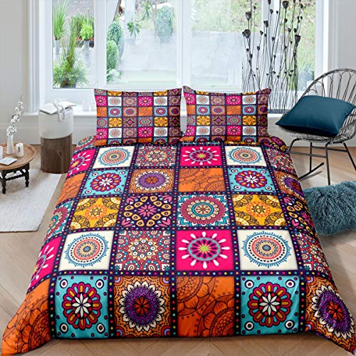 Homemissing Boho Mandala Housse de Couette Filles Boho Style Parure de Lit 220x240cm Coloré Grid Plaid Decor Parure Housse de Couette Hippie Mandala 3 pièces...