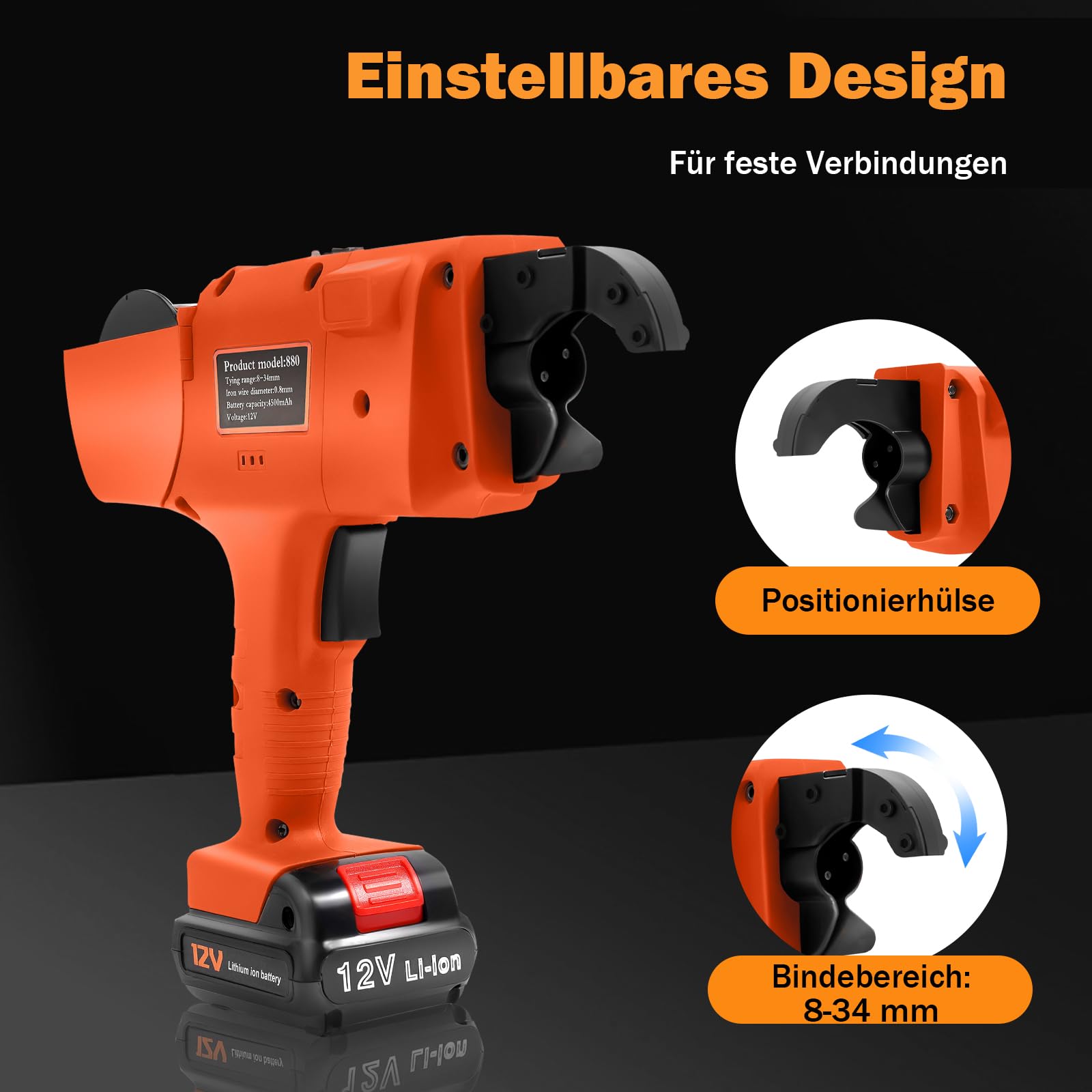 Akku Bewehrungsbindegerät für Φ8–34 mm Stahl, Drahtbindegerät 1500 Knoten pro Ladung, 0,8s Schnellbindung, inkl. 2×4500 mAh Akkus, 110m Bindedraht – Drahtbindemaschine für Baustellen, Tunnel
