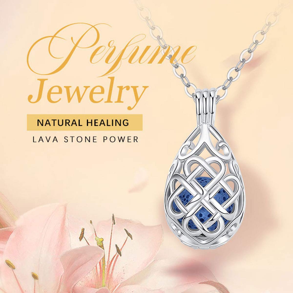 INFUSEU, collana con diffusore di oli essenziali con nodo celtico irlandese, per donne e ragazze, pietra lavica e pietre di roccia, set di gioielli per aromaterapia Small Argento