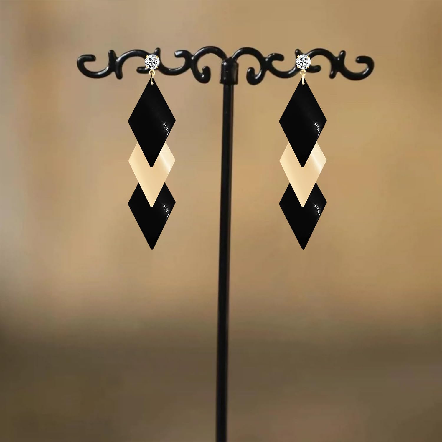 70s 80s Retro Lightweight Three Rhombus Chain Dangle Drop Earring Minimalist Geometry Stud Earrings for Women - Image 6