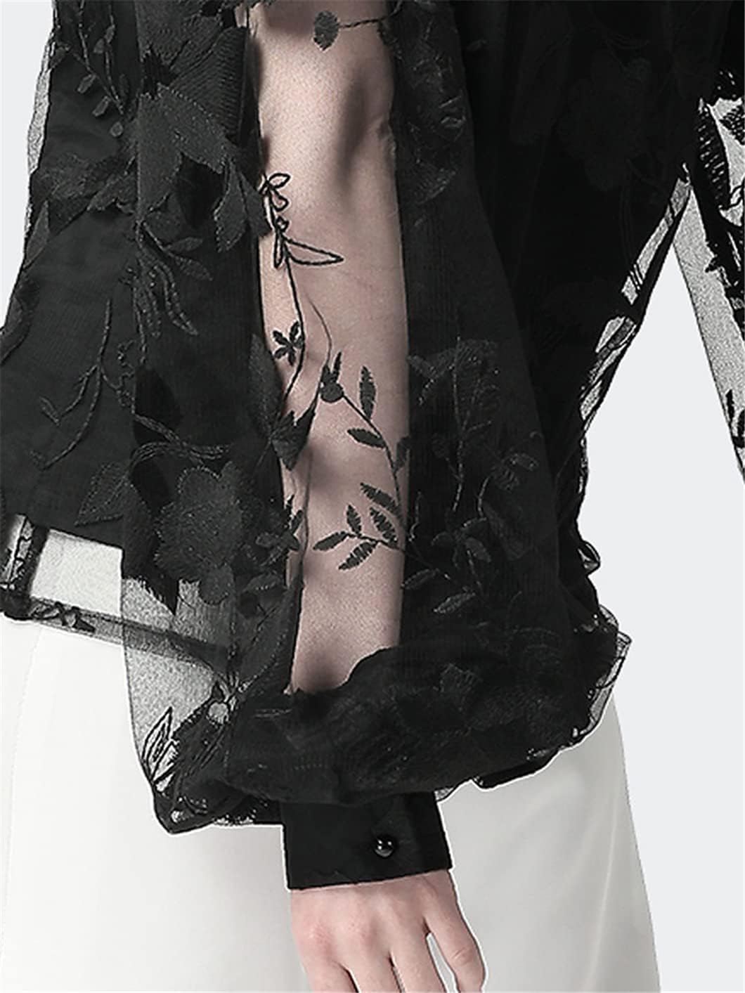 Ladies Floral Embroidery Blouses Mesh Tops Stand Collar Loose Women Chiffon Blouse