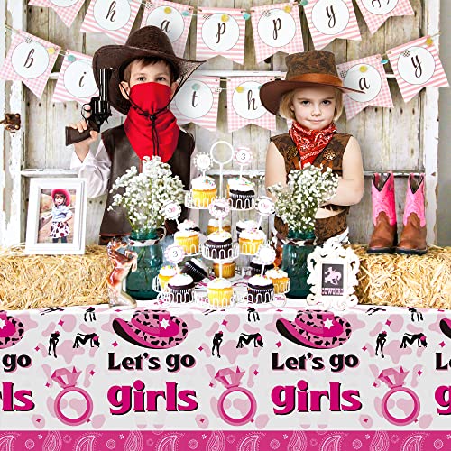 Bkeecten 3 Pack Western Cowgirl Theme Party Tablecover Disposable Let's Go Girls Plastic Tablecloth Pink Horse Tablecloth For Cowgirl Cowboy West Birthday Party Baby Shower Decorations 54X108 Inch #TOP5