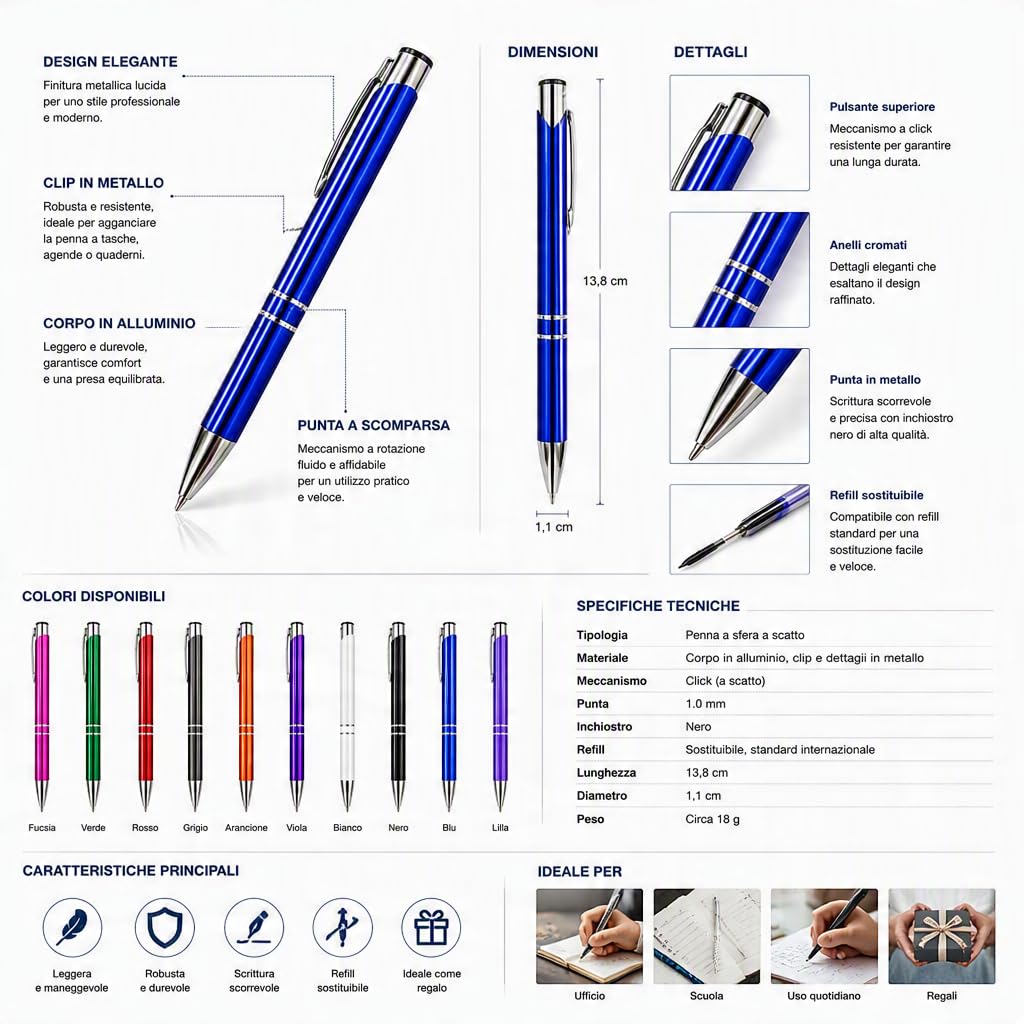 Penna a sfera personalizzata idea regalo. Penna con incisione Laser, Nome, testo,Penna a Sfera per Ufficio, Laurea, Matrimonio, Anniversario, compleanno (50, Bianco)