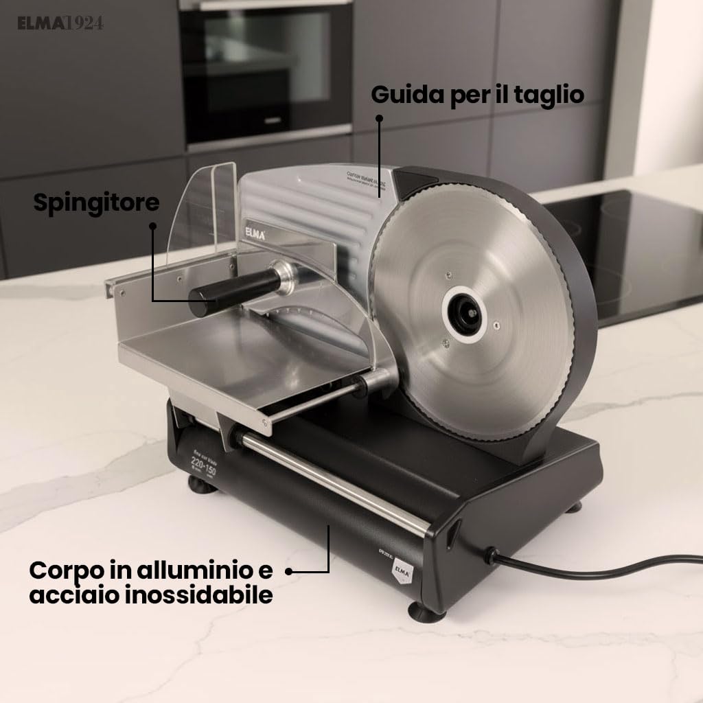 ELMA Affettatrice Elettrica CFD220 XL con Due Lame in Acciaio Inox Ø220 mm | Affettatrice Domestica Regolabile 0-15 mm, Potente, Sicura e Facile da Pulire