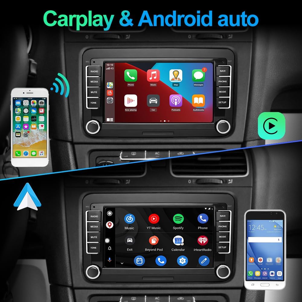 Image showing the AWESAFE car radio displaying both Apple CarPlay and Android Auto interfaces, with a smartphone connected wirelessly to each.