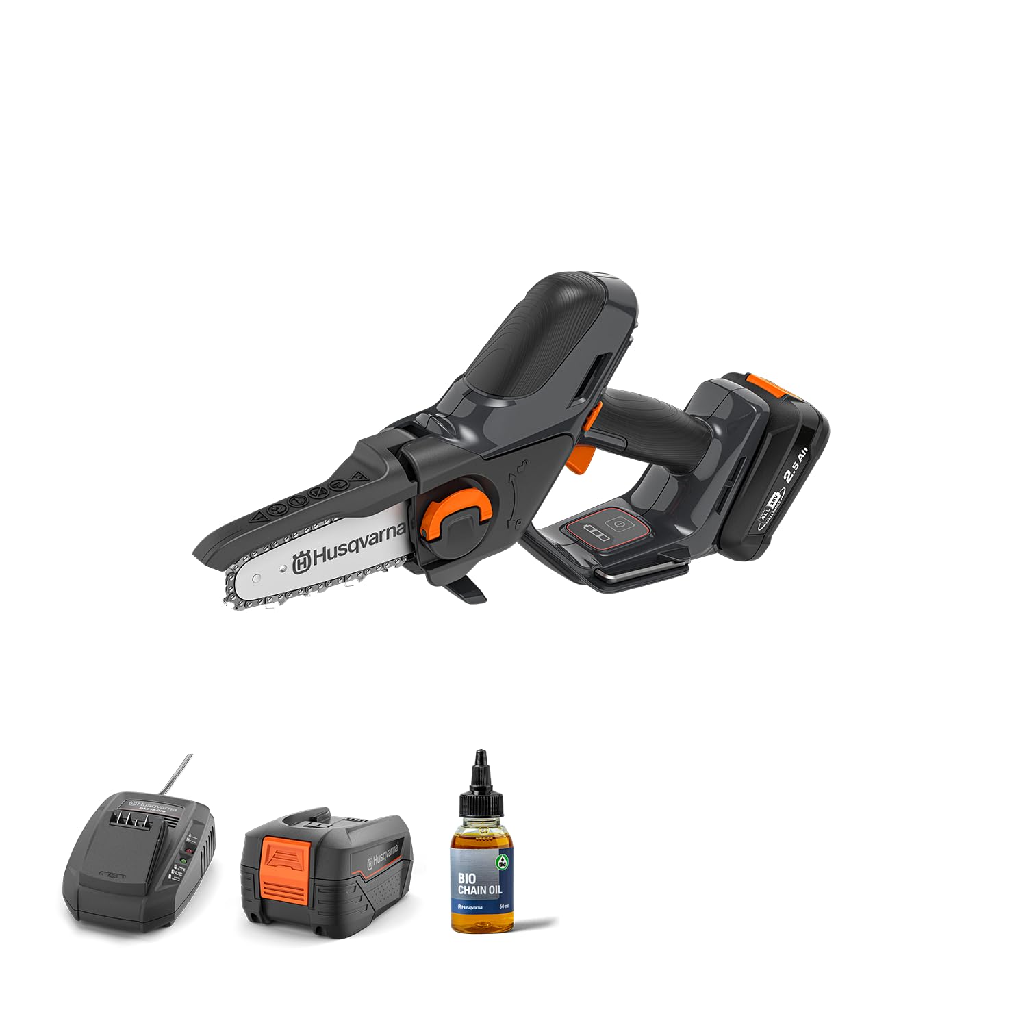 Husqvarna Aspire™ P5-P4A mini pilarka łańcuchowa z akumulatorem i ładowarką, wysokowydajna piła łańcuchowa do gałęzi do 75 mm