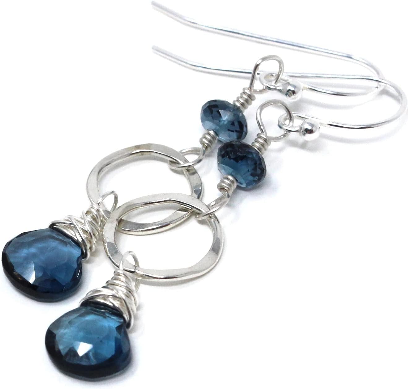 Petite London Blue Topaz Earrings Dangle Drop Circle Briolettes Sterling Silver 1.8 Inch