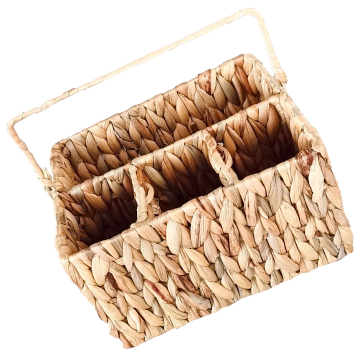 Cesta Tejida de Fibra Natural para Cubiertos con Compartimentos, Organizador Decorativo y Delicado para Cocina y Baño, Soporte Multifunción de Hierro