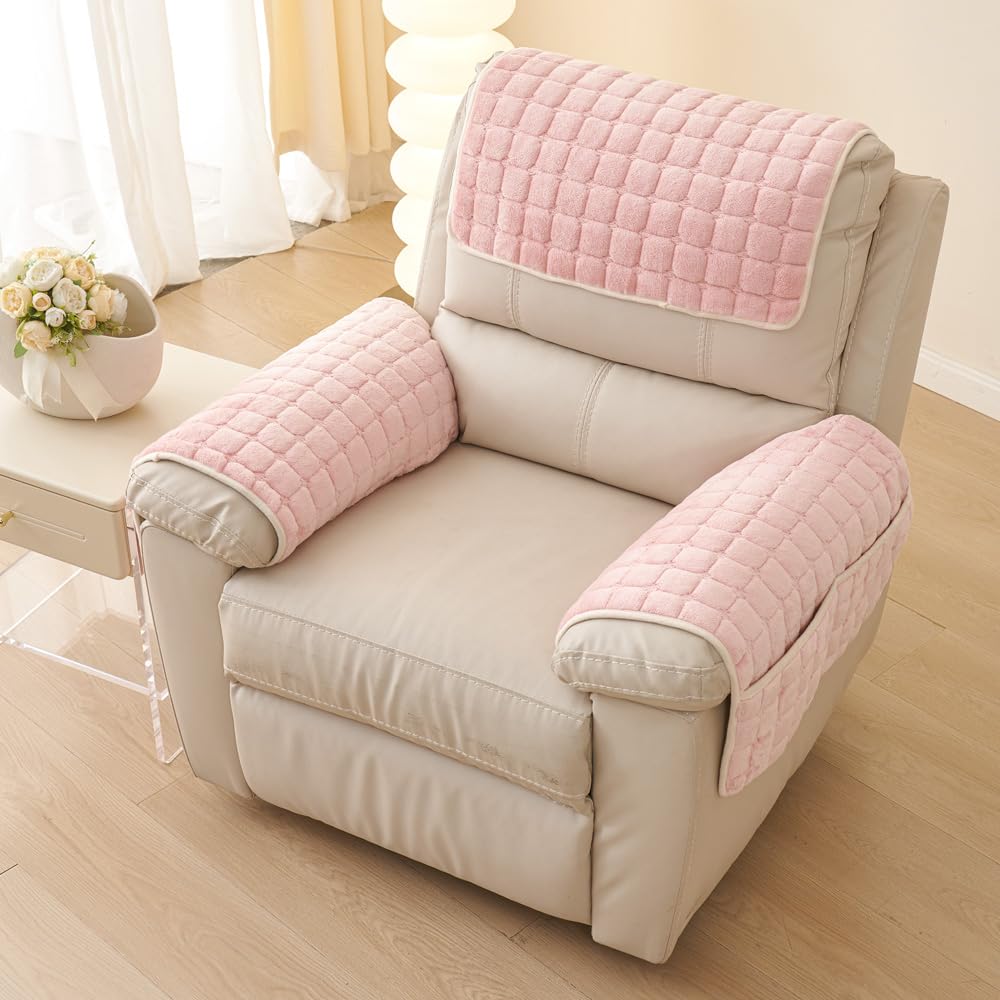 Sofa Armrest Cover, Nonslip Armchair Cover for Arms Headrest, Sofa Slipcover with Side Pocket Furniture Protector for Pets Leather Sofa Couch (Pink, 1 Seat Recliner) - Image 2