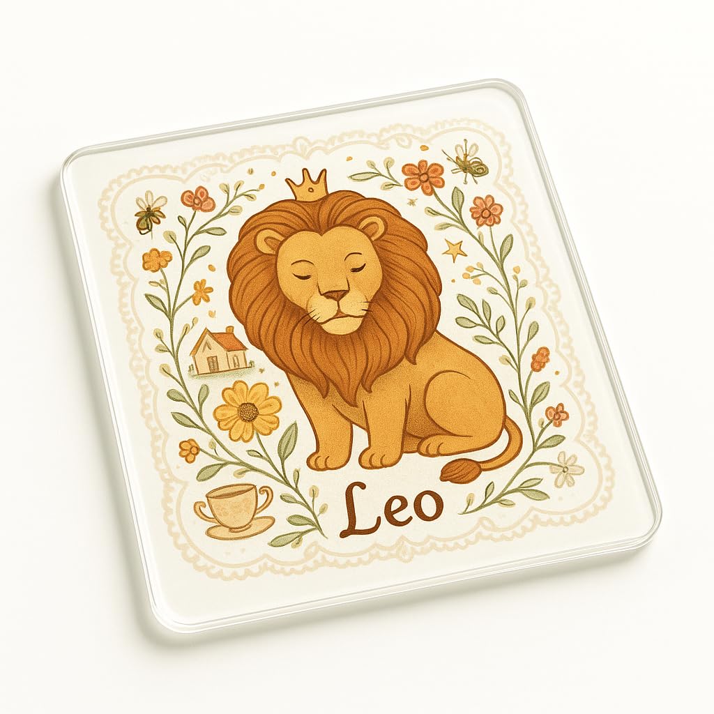 The Plum Penguin Leo Cottagecore Whimsical Acrylic Coaster Gift - Unique Cottagecore Leo Zodiac Design With Lace Edge And Botanical Wildflowers