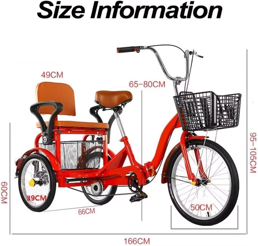 Folding 3 Wheels Bicycle,Mobility Tricycle for Adult and Senior,Tricycle Rickshaw with Pedals,Tandem Bike with Back seat,Front and Rear Brakes, red-16inch